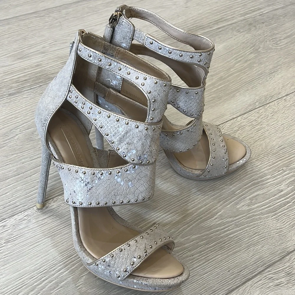 BCBGMaxAzria Beige Gold Studded Zip Up Stiletto—4.5”Heels —Size 8B— - Picture 2 of 12